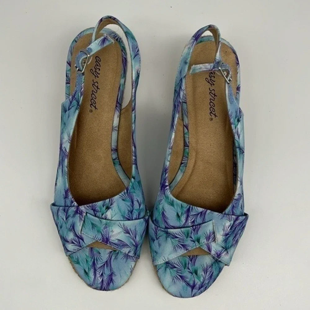 Easy Street‎ Devlin Espadrille Wedge Sandals Blue Purple Tropical Slingback 9.5